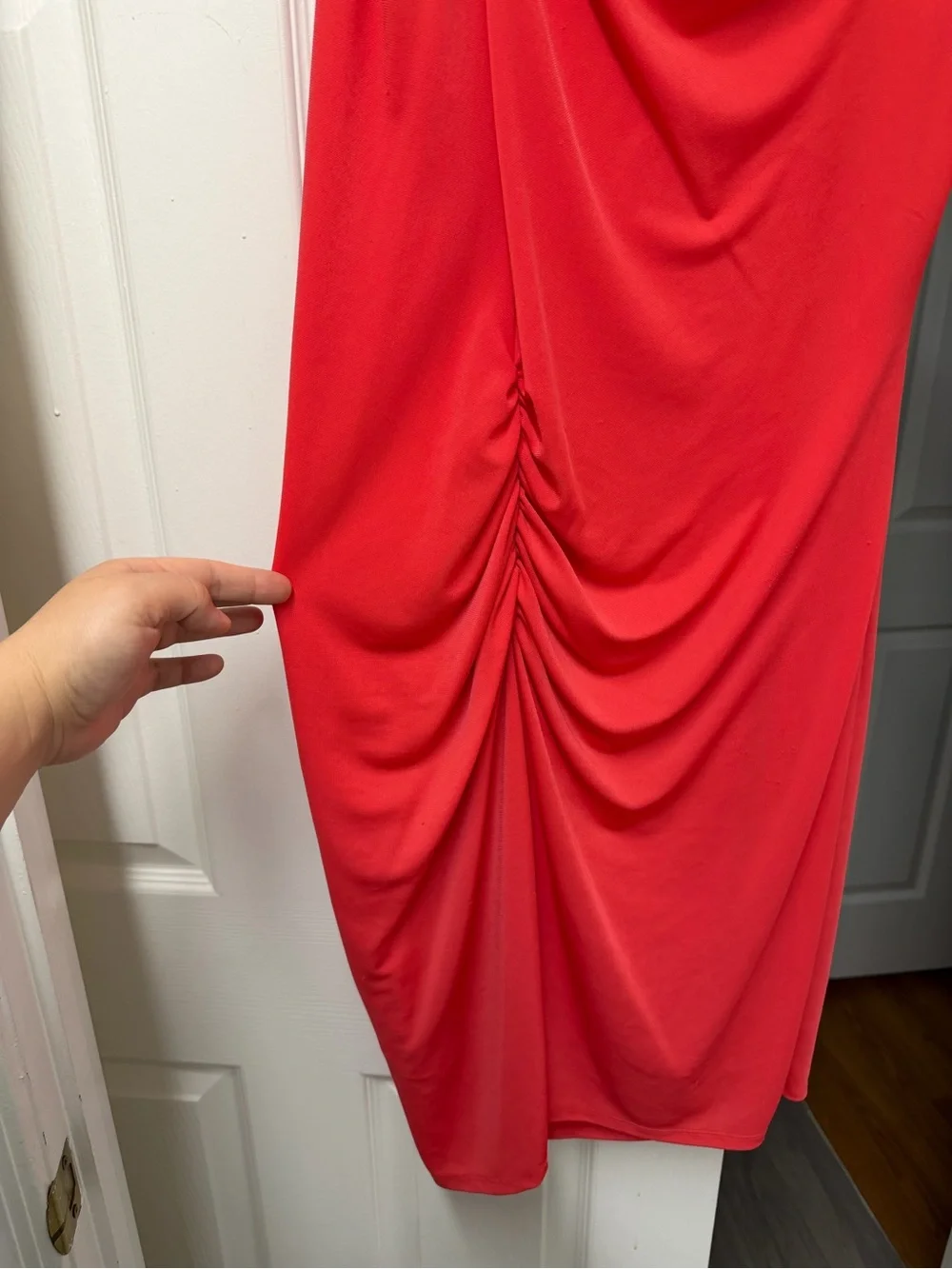 Halston Heritage Cowl Neck Ruched Dress Poppy Red Coral Size M